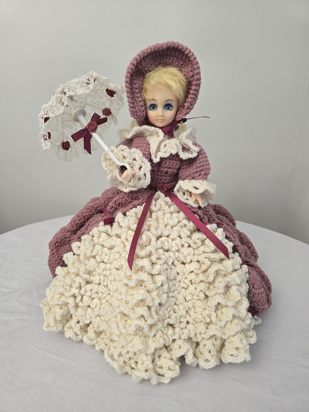 Vintage Hand Crochet Ruffled Pink Mauve Dress Gown Doll Bonnet Parasol Roses